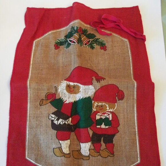 Vintage Scandinavian Elf Gnome Burlap Christmas Bag, Nordic Folk Art Jute 1960s - Picture 1 of 6